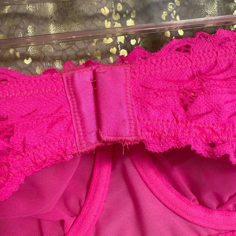 Aerie Real Power Beach Days Lace Unlined Bandeau Bra Neon Hot Pink 36B